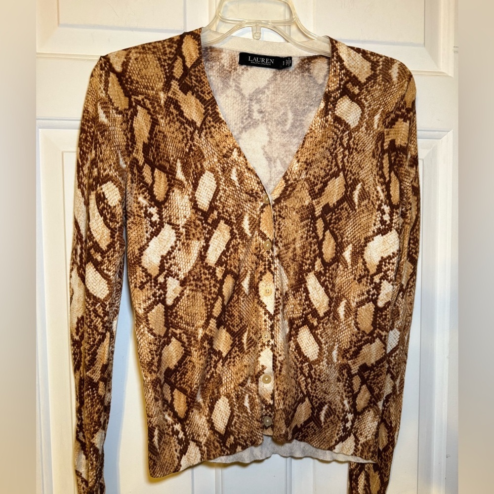 Lauren Ralph Lauren Snakeskin Cardigan Ivory Brown Lightweight Small Petite
